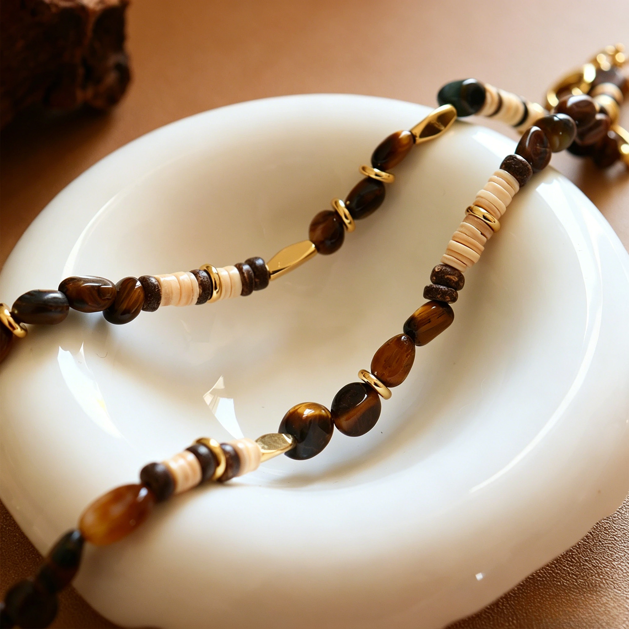 串珠款 Maillard coconut shell and tiger's eye pendant necklace set