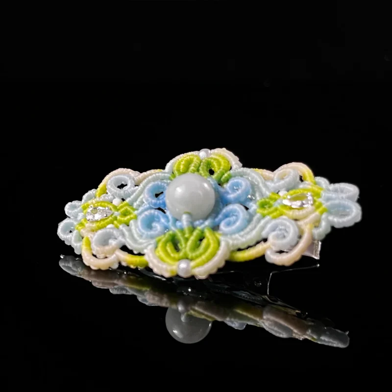 Pale green jade hand‑macrame woven hair barrette fresh cyan‑lime gradient cord handmade oriental hair accessory