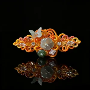 Natural Jade Butterfly & Flower Hand‑Macrame Woven Hair Barrette