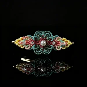 Pearl hand‑macrame woven hair barrette vintage multi‑tone cord handmade oriental hair accessory