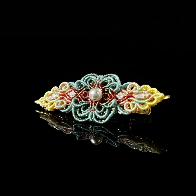 Pearl hand‑macrame woven hair barrette vintage multi‑tone cord handmade oriental hair accessory