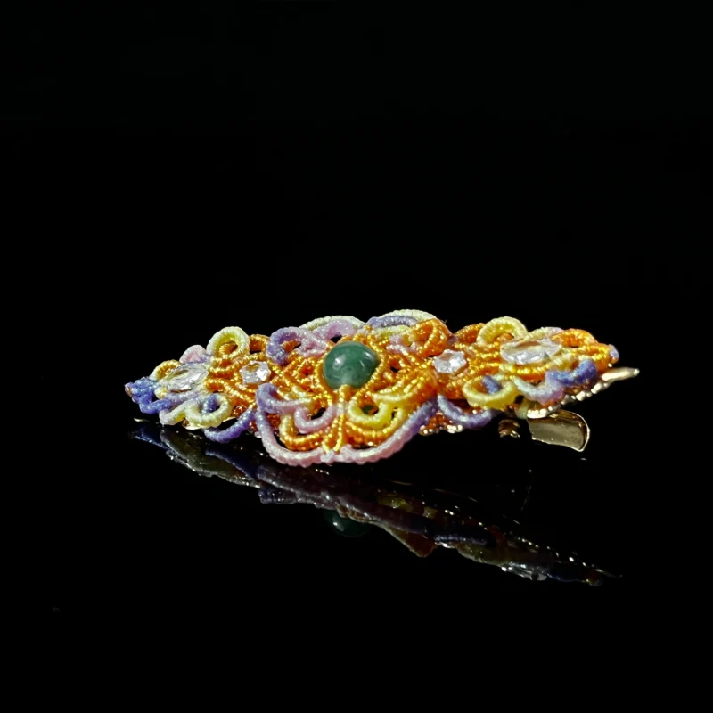 Green jade multicolor hand‑macrame woven hair barrette sunset‑tone gradient cord handmade oriental hair accessory