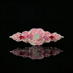Pale green jade pink hand‑macrame woven hair barrette soft pink‑silver cord handmade oriental hair accessory