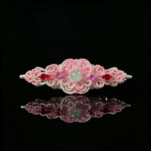 Pale green jade pink hand‑macrame woven hair barrette soft pink‑silver cord handmade oriental hair accessory