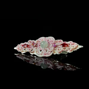 Pale green jade pink hand‑macrame woven hair barrette soft pink‑silver cord handmade oriental hair accessory