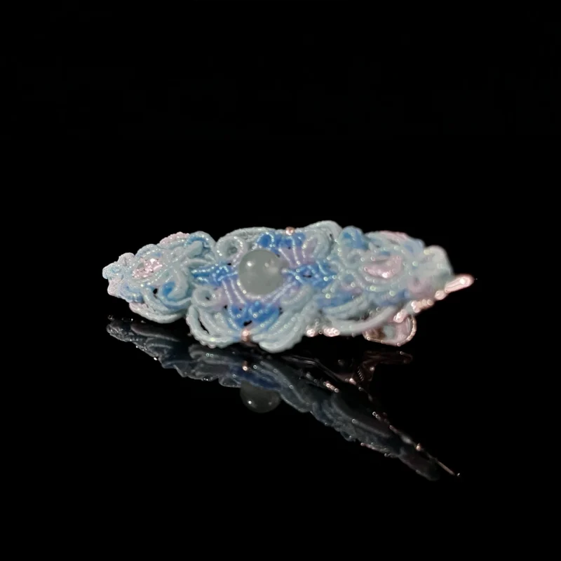 Green jade blue gradient hand‑macrame woven hair barrette cool cyan‑blue‑white gradient cord handmade oriental hair accessory