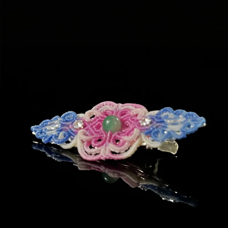 Green jade hand‑macrame woven hair barrette colorful gradient cord handmade oriental hair accessory
