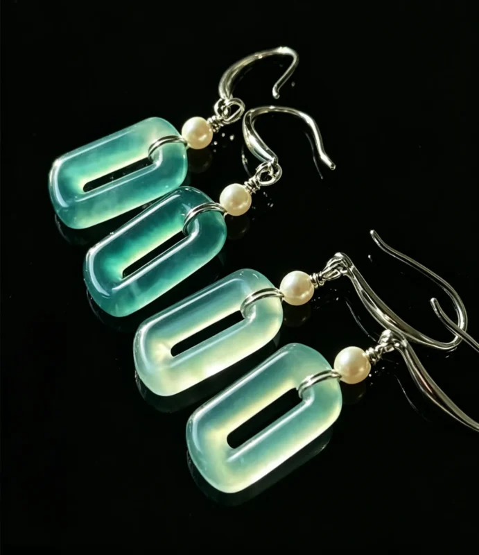 Ice blue jade hollow rectangle link silver earrings with freshwater pearl, bespoke custom handmade jewelry, remake available using your preferred natural gemstone, black background studio product shot