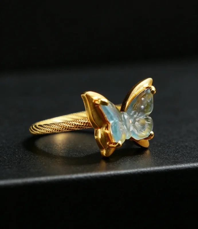 Custom butterfly twist‑band gold ring, sample crafted in translucent ice jade, design also available with natural aquamarine gemstone, oriental bespoke fine jewelry