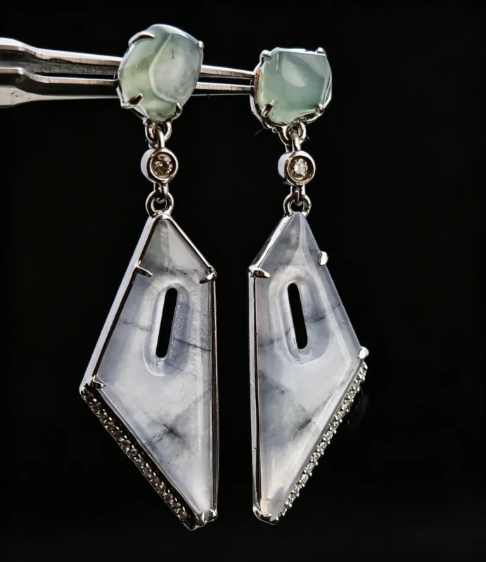 Custom open‑work carved pearl hook dangle earrings, sample crafted in aqua jade, design also available with natural aquamarine, oriental bespoke fine jewelry