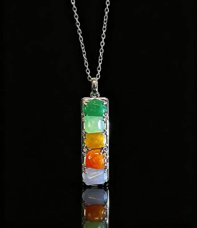 Multi‑colour freeform jade vertical bar silver pendant necklace, bespoke custom handmade jewellery, remake available with your preferred natural gemstone, black background studio shot