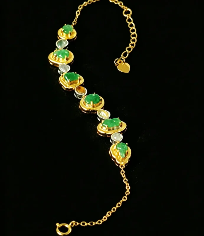 Bespoke custom vintage multi‑gem gilt bracelet with hand‑carved vibrant green jade, re‑creatable with your preferred natural gemstone, QuillGem fine jewellery