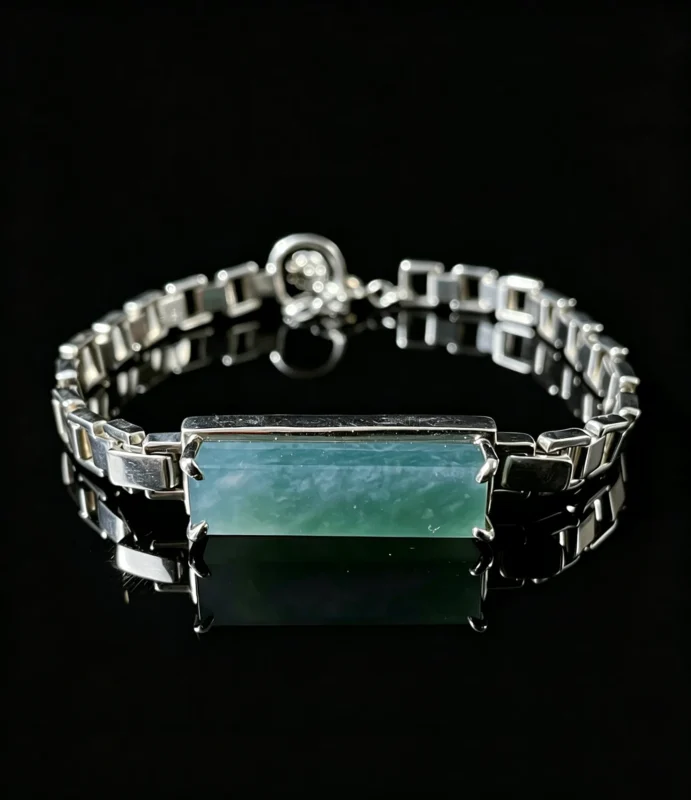Bespoke custom rectangular ice‑green jade silver link bracelet, re‑creatable with your preferred natural gemstone, QuillGem handmade jewellery