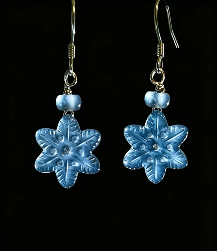 Custom hand‑carved snowflake drop earrings in natural aquamarine, oriental bespoke fine gemstone jewelry, design available for alternative custom gemstones