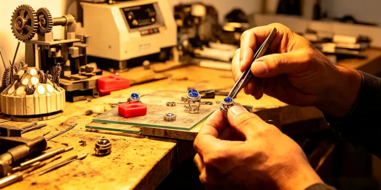 Artisan assembling gem‑set jewellery components within QuillGem workshop