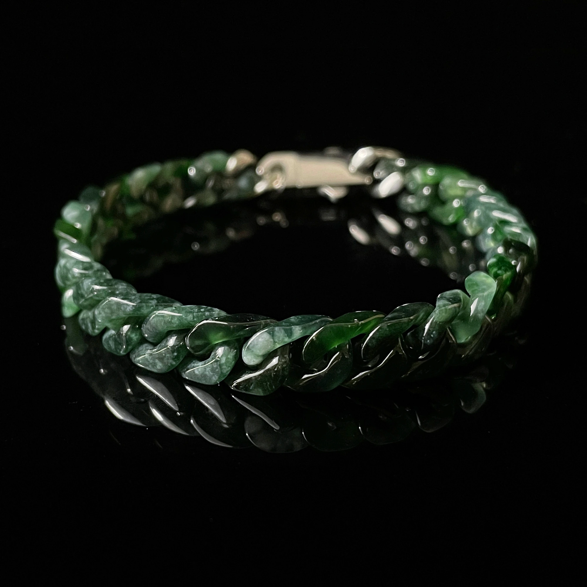 Carved green jade curb chain bracelet chunky hand‑carved natural green jade gemstone statement wrist jewelry Carved green jade curb chain bracelet chunky hand‑carved natural green jade gemstone statement wrist jewelry