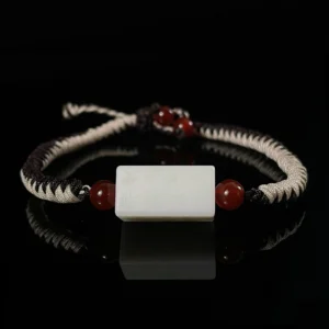 Jade Yan‑Mao braided cord bracelet hand‑engraved jade tablet red agate traditional cultural hand‑woven gemstone wrist bracelet