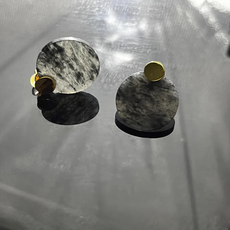 Grey jade round disc drop stud earrings modern natural grey jade statement gemstone ear jewelry