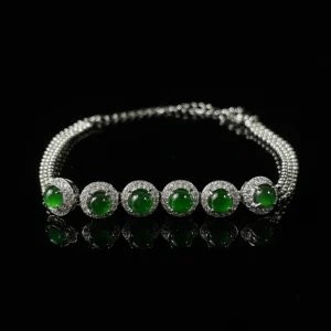 Vivid green jade halo setting bead‑chain bracelet luxury formal natural jade gemstone wrist jewelry