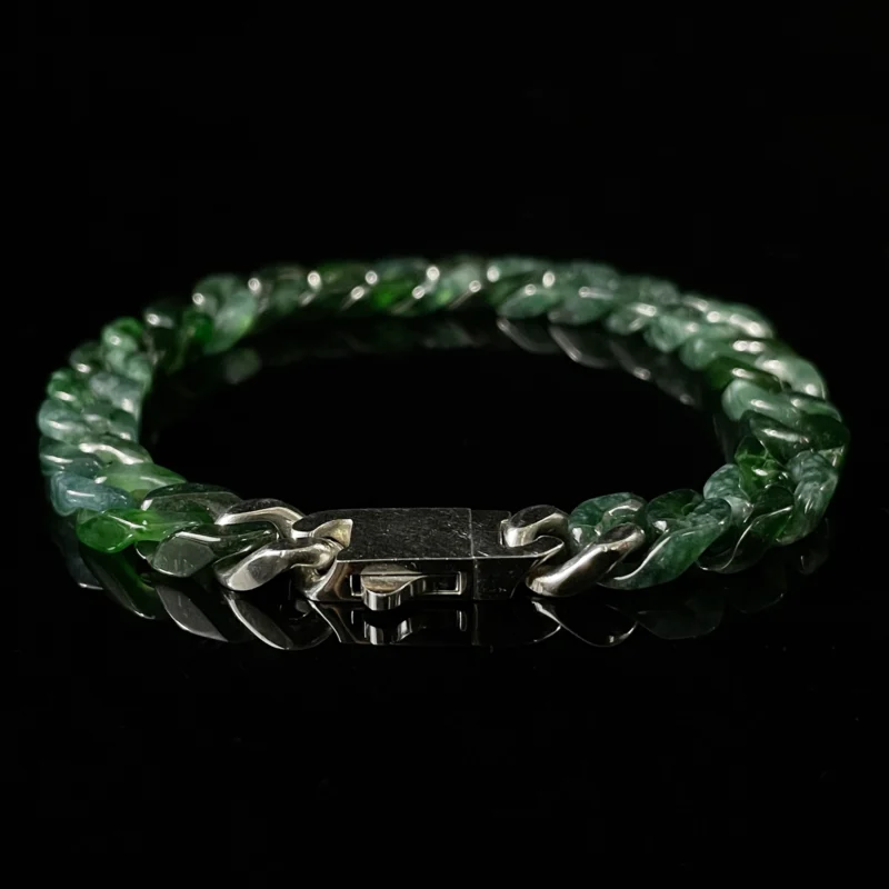 Carved green jade curb chain bracelet chunky hand‑carved natural green jade gemstone statement wrist jewelry