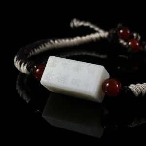 Jade Yan‑Mao braided cord bracelet hand‑engraved jade tablet red agate traditional cultural hand‑woven gemstone wrist bracelet
