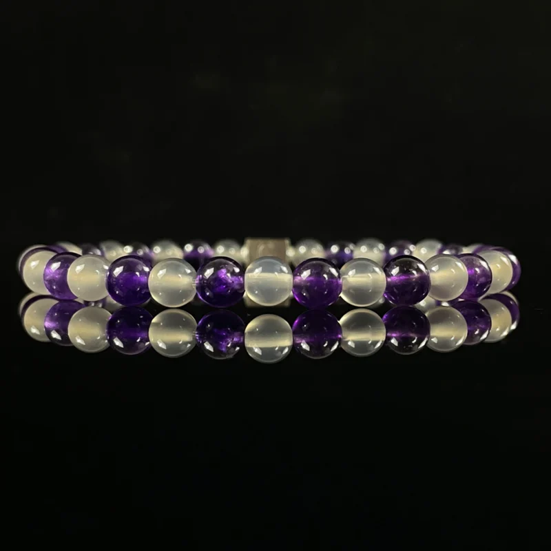 6mm amethyst & grey agate beaded bracelet slim stackable alternating natural gemstone round bead wrist jewelry