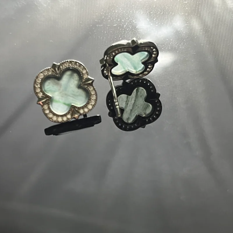 Translucent jade four‑leaf clover halo stud earrings natural jade clover‑shape dainty gemstone ear jewelry